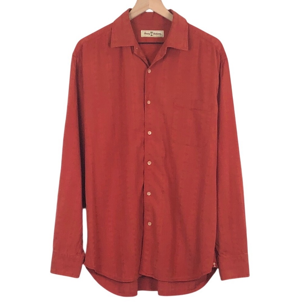 TOMMY‎ BAHAMA Silk Cotton Palm Tree Jacquard Shirt Men's L Orange Long Sleeve